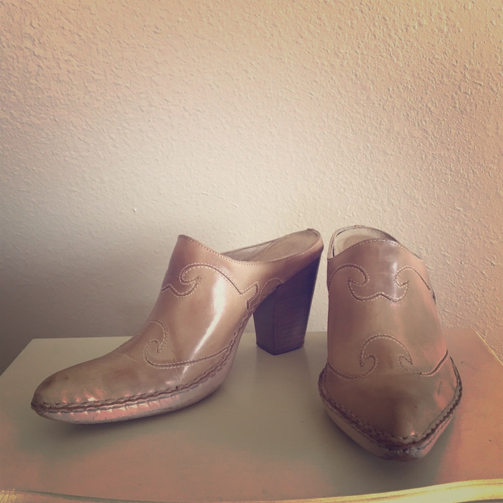 Frye tan heeled mules